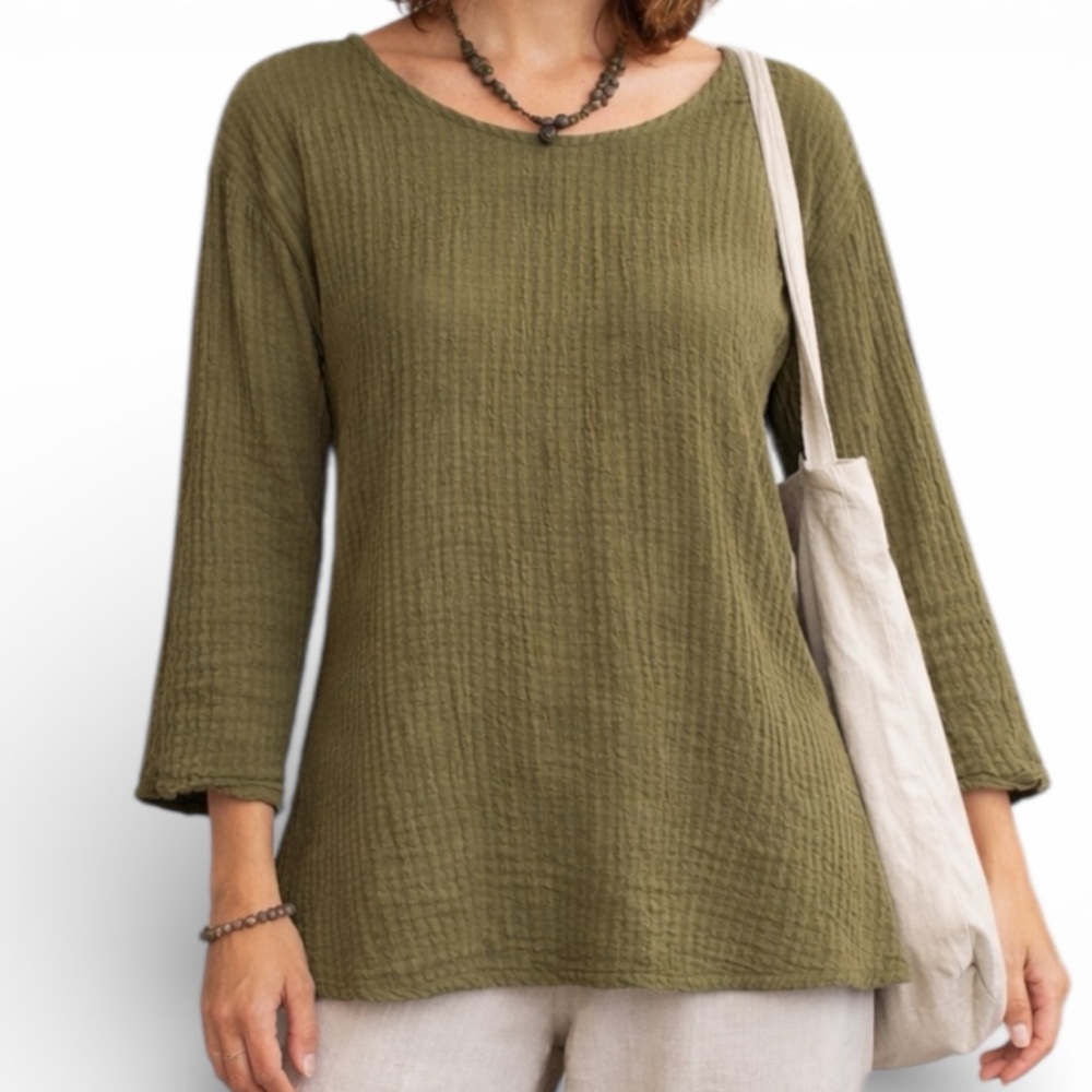 CUT LOOSE Olive Textured Striped Top Lagenlook Art to Wear Earthy Relaxed Size M